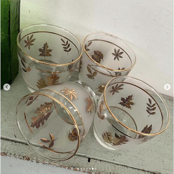 Vintage Drinking Glass Low Ball Frosted Gold MCM Barware Leaf Libbey Set 3 - Picture 6 of 7